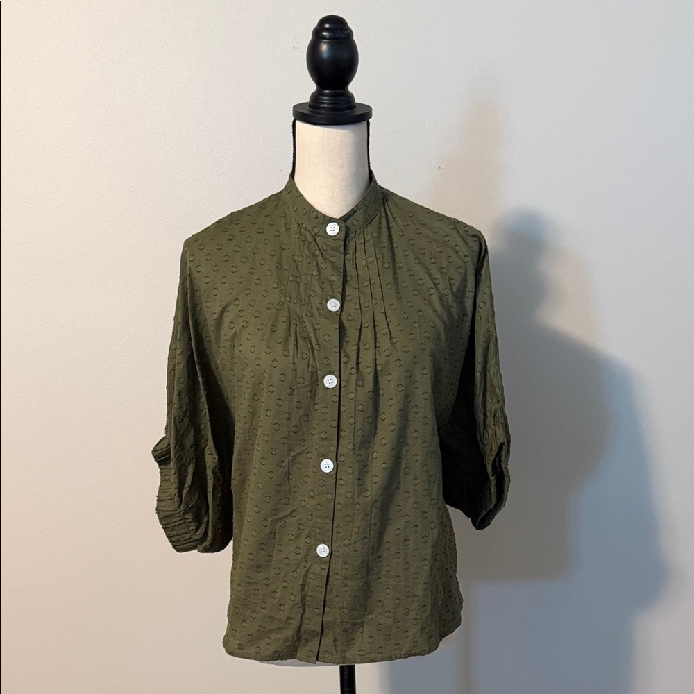 Emerson Fry Olive Green Dot-Textured Button-Front Top